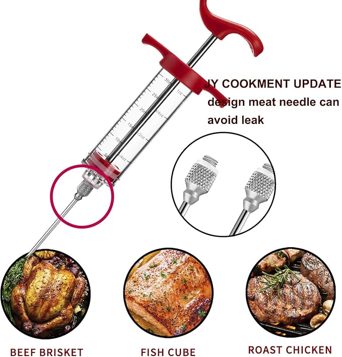 JY COOKMENT Meat Injector Syringe, 1-oz Marinade Flavor Injector with 2 Professional Needles,1 Cleaning Brushes