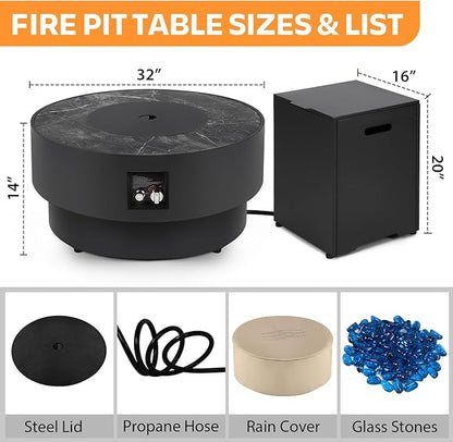 32" Outdoor Propane Fire Pit Table, 50,000 BTU Gas Fire Table with Tank Cover, Marble-Look Ceramic Top, Steel Lid, & Rain Cover, Round Patio Firepit for Backyard, Garden, Party