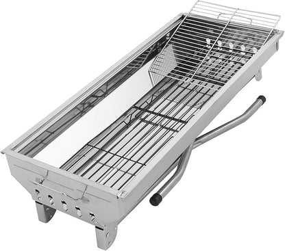 Portable BBQ Charcoal Standing Grill, Stainless Steel Metal Outdoor Cooking Grill for Steaks in Courtyard, Backyard Patio, Camping, Tailgating, and Picnics with Iron Grill, Carbon Mesh Silver