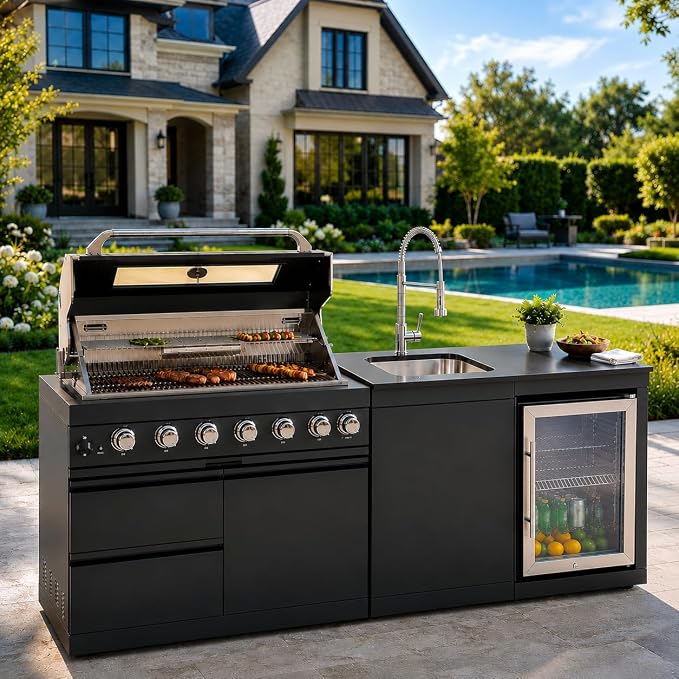 82-Inch Outdoor Kitchen Island, 6-Burner 85,000 BTU Modular Propane Gas Stainless Steel BBQ Grill with Refrigerator, Rotisserie Kit, Stainless Steel Countertop, Storage Cabinets & Drawers, Black