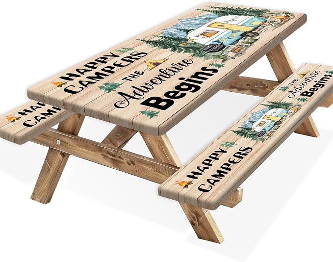Picnic Table Cover with Bench Covers, Wooden Forest Mountain Camper Waterproof Windproof, Fitted Tablecloth Cover with Elastic Edge, for Indoor & Outdoor, Garden, Camping, 3 PCS 30x96 Inch