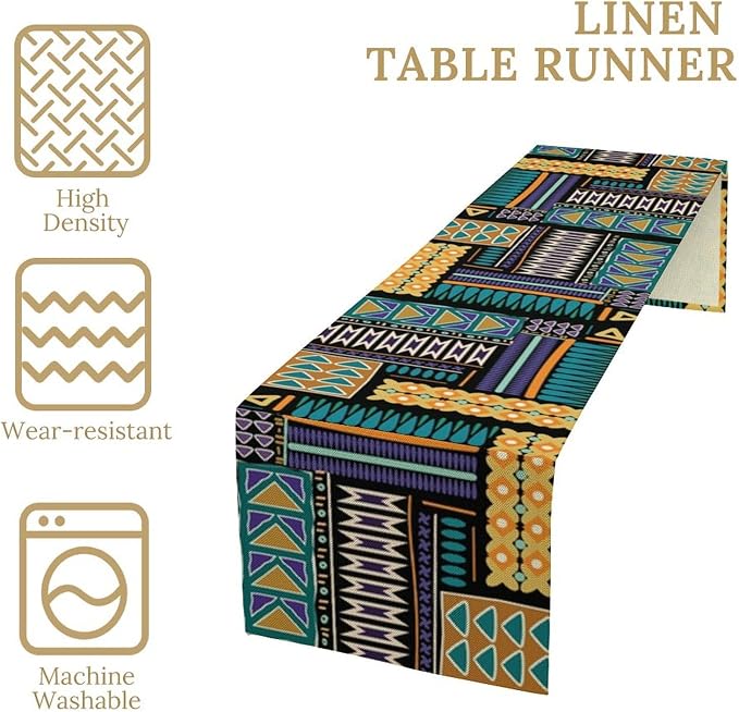 Mexican Geometric Ethnic Table Runner Vintage Abstract Traditional Vivid Color Seasonal Summer Holiday Dinner Runner for Farmhouse Kitchen Dinner Table Party Decoration 13x90in