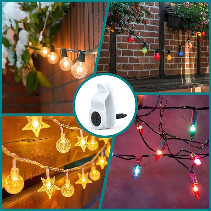 Hooks for Outdoor String Lights Clips, Christmas Light Clips Weatherproof, Lights Hanger Hooks for Hanging Christmas Light, Fairy Light, Cable, Holiday Decor - White, 50 Pack