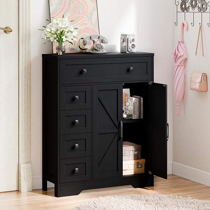 Vabches Farmhouse Storage Cabinet with 2 Doors and 5 Drawers, Freestanding Bathroom Cabinets Kitchen Pantry, Floor Storage Cabinet Hutch Cupboard for Living Room/Bathroom/Kitchen.Pure Black