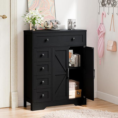 Vabches Farmhouse Storage Cabinet with 2 Doors and 5 Drawers, Freestanding Bathroom Cabinets Kitchen Pantry, Floor Storage Cabinet Hutch Cupboard for Living Room/Bathroom/Kitchen.Pure Black