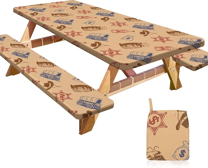Picnic Table and Bench Cover Set, Waterproof Fitted Elastic Cloth | Portable Camping Essentials With Built-In Storage Pocket And Waterproof Fabric For Outdoor RV Or Picnic Table Use