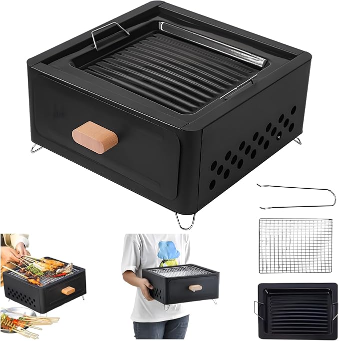 Desktop Charcoal Grill, Charcoals Grills Barbecue Grill Portable BBQ Charcoal Grill for Outdoor Cooking Camping Hiking Picnics Backpacking, Saving Space Grills (Black+Frying Pan)