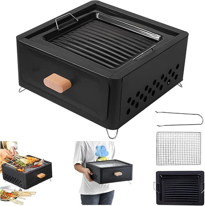 Desktop Charcoal Grill, Charcoals Grills Barbecue Grill Portable BBQ Charcoal Grill for Outdoor Cooking Camping Hiking Picnics Backpacking, Saving Space Grills (Black+Frying Pan)