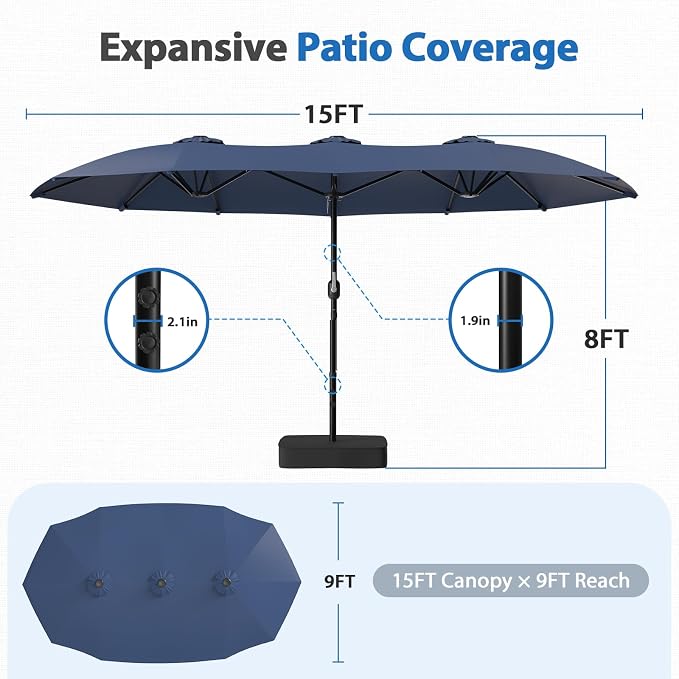 HOPERAN 15FT Patio Umbrella with Base Included, Large Outdoor Double-Sided Rectangle Table Umbrella with Easy Crank Lift, Market Umbrella for Backyard, Pool&Garden