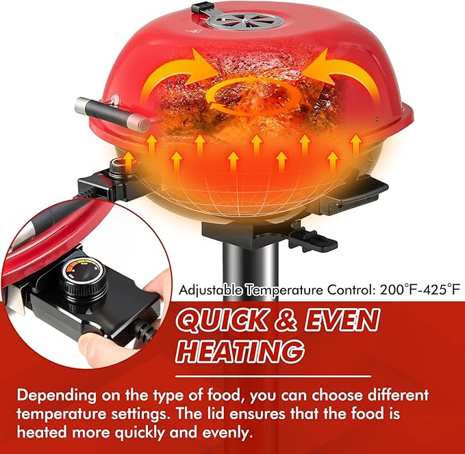 ORALNER Electric BBQ Grill with Stand, Warming Rack & Drip Tray, 15-Serving Electric Griddle Indoor & Outdoor Cooking Grilling Portable Patio Grill, for Balcony, Garden, Apartment, 1600W (Red)