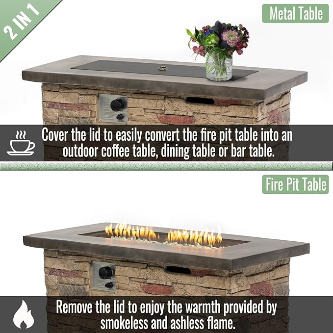 KEIKI 42 Inch Rectangular Gas Fire Pit, Concrete Propane Fire Table with Stone Texture, 50000 BTU Outdoor Heating for Backyard Patio