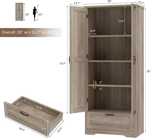 Shintenchi Kitchen Pantry Cabinet, Freestanding Farmhouse Storage Cabinet with 4 Shelves and 1 Drawer, Tall Cupboard for Kitchen, Living Room, Dining Room and Bathroom, Ash Gray