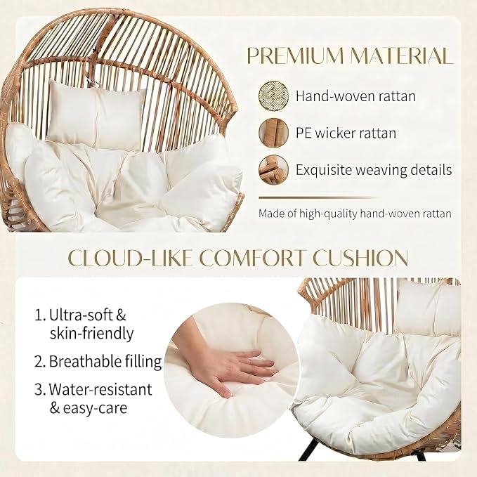 Oversized Outdoor Wicker Egg Chair, Patio Lounge Chair Basket Seat with Thick Cushion, All Weather Indoor Outdoor Porch Rockers for Balcony, Living Room, Lawn Garden
