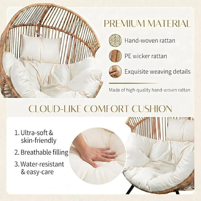 Oversized Outdoor Wicker Egg Chair, Patio Lounge Chair Basket Seat with Thick Cushion, All Weather Indoor Outdoor Porch Rockers for Balcony, Living Room, Lawn Garden