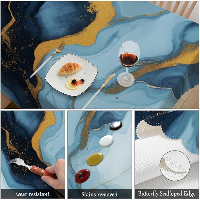 Swono Blue Gold Marble 52"X70" Oblong Table Cloth Natural Swirl Fluid Marble Wrinkle Free Table Cover Farmhouse Tablecloth for Home Restaurant Picnic Indoor Outdoor Dining