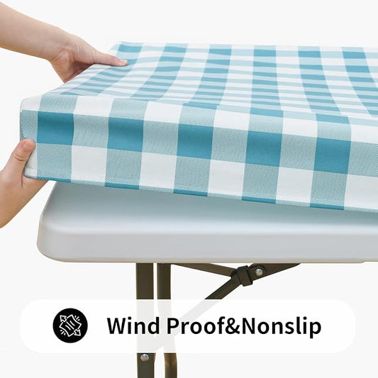 Smiry Rectangle Picnic Table Cloth, Elastic Waterproof Fitted Vinyl Tablecloths, Flannel Backed Buffalo Plaid Table Covers for Dining, Camping, Outdoor (White and Aqua, 36" x 96")