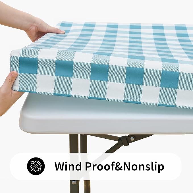 Smiry Rectangle Picnic Table Cloth, Elastic Waterproof Fitted Vinyl Tablecloths, Flannel Backed Buffalo Plaid Table Covers for Dining, Camping, Outdoor (White and Aqua 36" x 72")