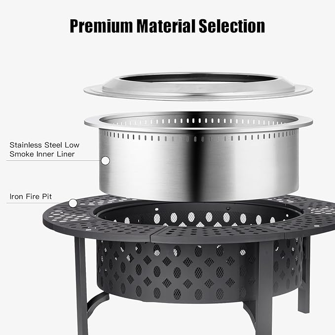 OutVue 47 Inch Smokeless Fire Pit with 2 Grills, Extra Large Wood Burning Fire Pits for Outside with Poker, Heavy Duty Firepit,BBQ& Outdoor Firepit & Round Metal Table 4 in 1 for Patio, Picnic