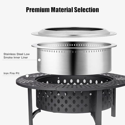 OutVue 47 Inch Smokeless Fire Pit with 2 Grills, Extra Large Wood Burning Fire Pits for Outside with Poker, Heavy Duty Firepit,BBQ& Outdoor Firepit & Round Metal Table 4 in 1 for Patio, Picnic