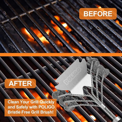 POLIGO BBQ Grill Cleaning Brush Bristle Free & Scraper - Triple Helix Design Barbecue Cleaner - Non-Bristle Grill Brush and Scraper Safe for Gas Charcoal Porcelain Grills - Ideal Grill Tools Gift