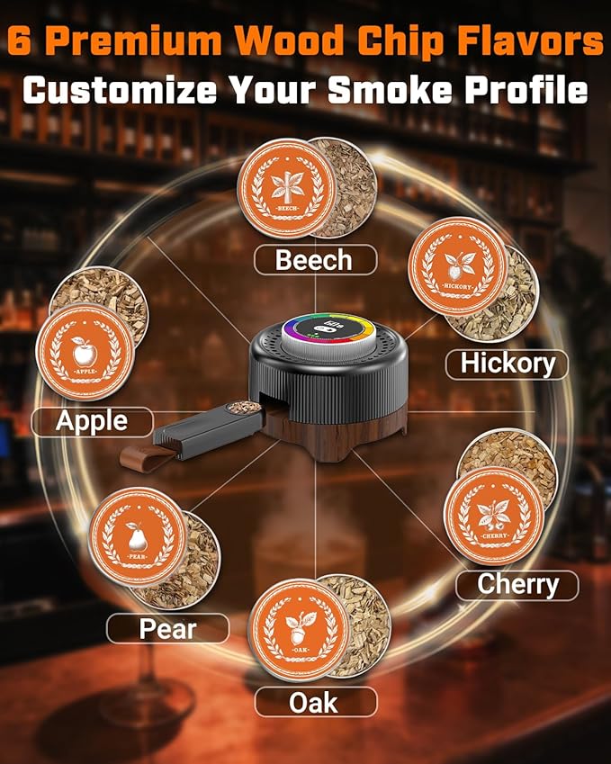 Electric Whiskey Smoker Kit with Adjustable Smoke Control (0–60s), Cocktail Smoker Kit with 6 Wood Chips, No Butane Needed, Old Fashioned Smoker Kit, Bourbon Gifts for Men, Wood Grain