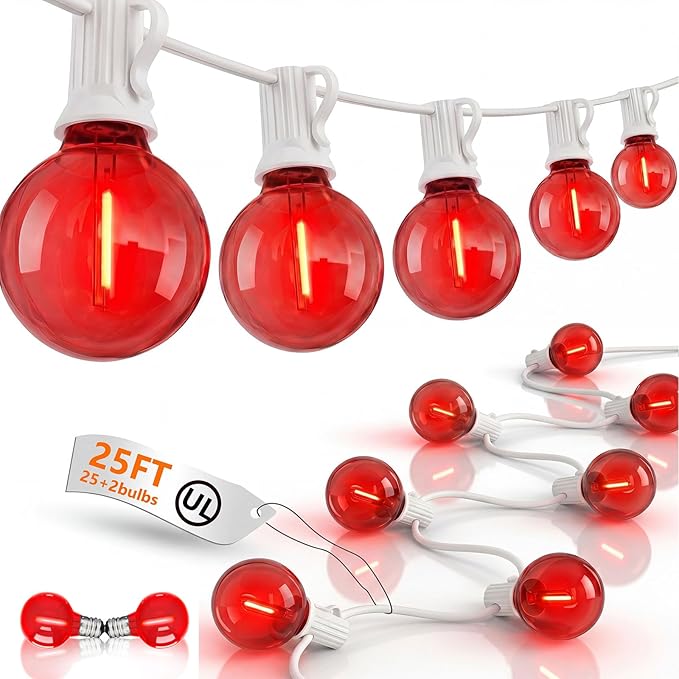 25FT G40 LED Valentine’s Day Outdoor String Lights, Red Valentines Decorations Lights with 27 Shatterproof Globe Bulbs, Hanging Patio Lights for Cafe Christmas Home Backyard Garden Party Wedding Decor