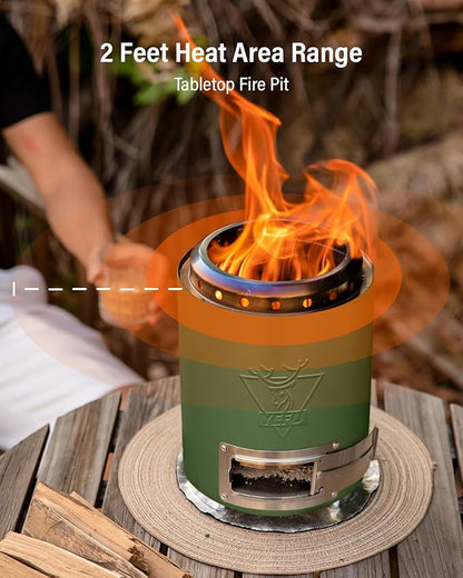 YEFU Tabletop Fire Pit 9.7 x 7.1 in, Flame Intensity Control Camping Stove for Outdoor & Patio, Fueled by Pellets or Wood, Safe Burning Table Top Firepit, with Travel Bag & 2 Mini Sticks, Green