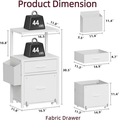 HIGDBFE Filing Cabinet with 2-Tier Printer Shelves, 2 Fabric Drawers File Cabinet with Reversible Side Bag&File Drawer, Printer Stand with Storage for Home Office, White, 16.5" W