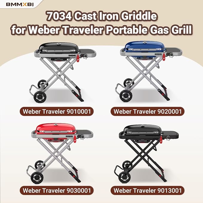 Cast Iron Griddle with Carry Bag for Weber Traveler Grill 9010001 9020001 | 7034 Griddle Insert Replacement Parts for Weber Traveler Portable Grill 9030001 9013001 9011701 Flat Top Griddle Accessories