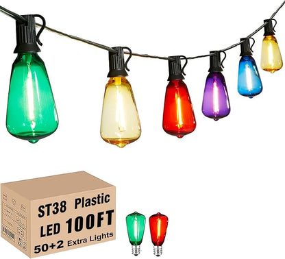 Multicolor String Lights 100FT LED Colored String Lights for Outside with 50+2 ST38 Edison Colorful String Lights for Outdoor Patio Bistro Gazebo Pergola Backyard