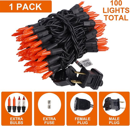 Orange Halloween Lights, 100 Count, Incandescent Mini Halloween String Lights Outdoor, Black Wire Connectable Tree Light for Garland Christmas Thanksgiving Holiday Patio Home Decor