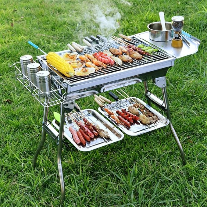Portable Charcoal Grill for Camping BBQ Grills Outdoor Barbecue Grill Detachable Foldable Charcoal Grill Rack with Stainless Steel Bracket,48 * 33 * 57Cm-D