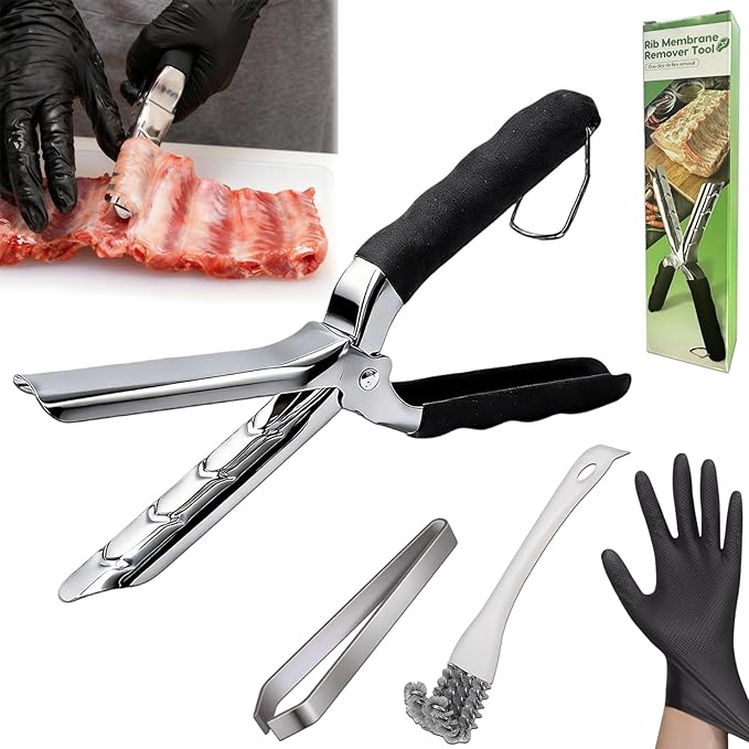 Rib Membrane Removal Tools, Rib Prep Tool, Stainless Steel BBQ Rib Skinner with Tweezer plier, BBQ Cleaning Brush and Gloves, for Easy Rib Skinner, Kitchen Gadgets for Barbecue Enthusiasts & Chefs