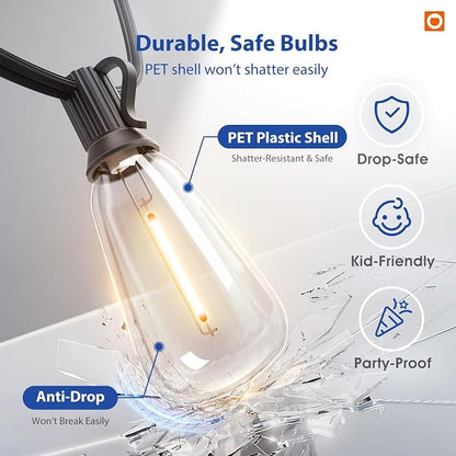 addlon 100FT LED Outdoor String Lights with Remote Waterproof Patio Lights with Shatterproof ST38 Replaceable Bulbs, Dimmable Outside Hanging Light Connectable for Porch, Backyard (Pack of 2)