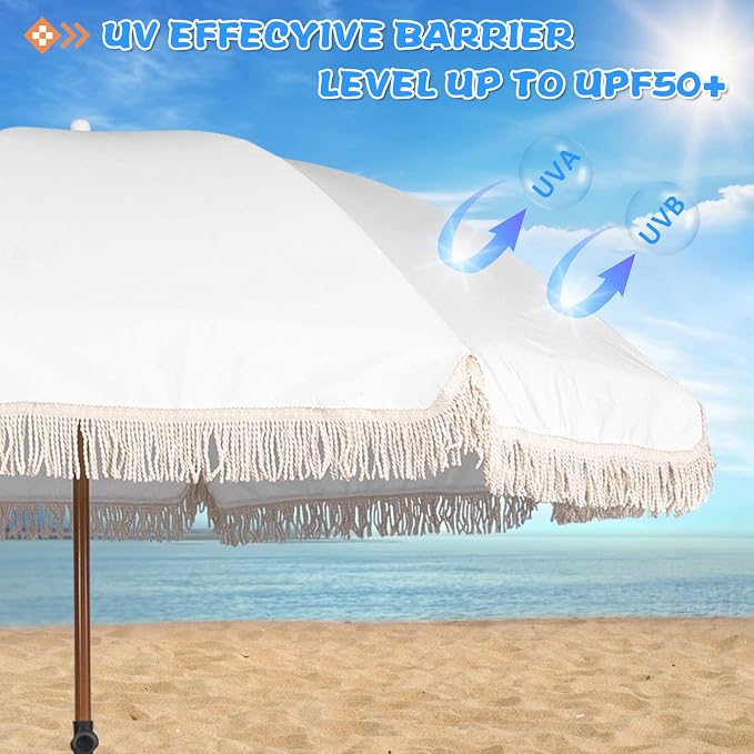 7.5Ft Patio Beach Umbrella with Fringe & Tassel, UPF50+ Push Button Tilt & Crank, Ideal for Garden, Lawn, Deck, Yard & Pool