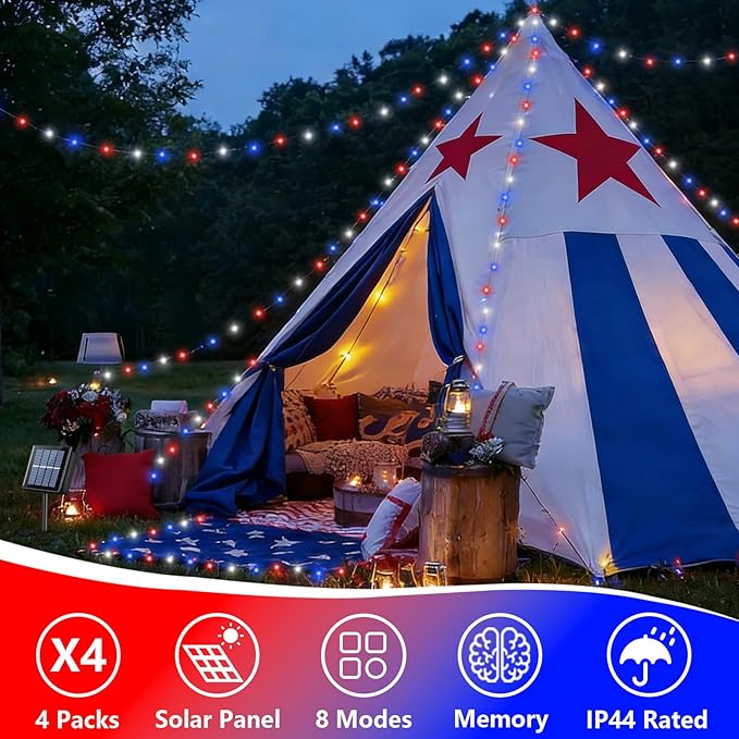 YEGUO 4 Pack Red White and Blue Solar Lights, Each 33ft 100 LED 4th of July Solar Fairy Lights Outdoor Waterproof, 8 Modes Sliver Wire Patriotic String Lights for Independence Memorial Day Decoration