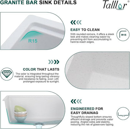 18x18 Inch Undermount Bar Sink Workstation - White Granite Composite All-In One Single Bowl Classic Quartz Wet Prep Sink with Cutting Board for Kitchen Bar, RV, Boat, and Outdoor #TLGU-131