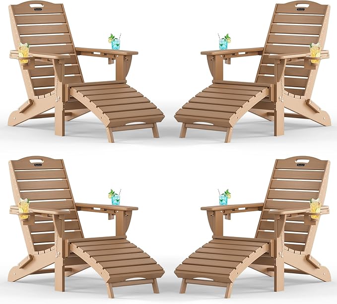 Adjustable Adirondack Chairs Set of 4 with Retractable Ottoman, HDPE Folding Adirondack Chair with Cup Holders, Weather Resistant for Backyard, Poolside & Fire Pit (Teak)