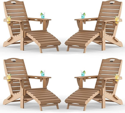 Adjustable Adirondack Chairs Set of 4 with Retractable Ottoman, HDPE Folding Adirondack Chair with Cup Holders, Weather Resistant for Backyard, Poolside & Fire Pit (Teak)