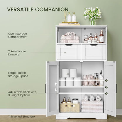 Iwell Bathroom Cabinet with Doors and Drawers, Freestanding Bathroom Storage Cabinet, Adjustable Shelves, for Living Room, Kitchen, Home Office, White