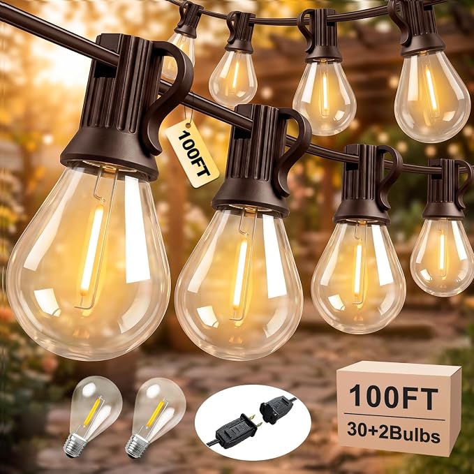 LED Outdoor String Lights 100FT Outside Waterproof Shatterproof Patio Light | Commercial Grade Dimmable Warm White Connectable Edison Bulb Hanging Light for Backyard, Porch, Balcony, Garden Decor