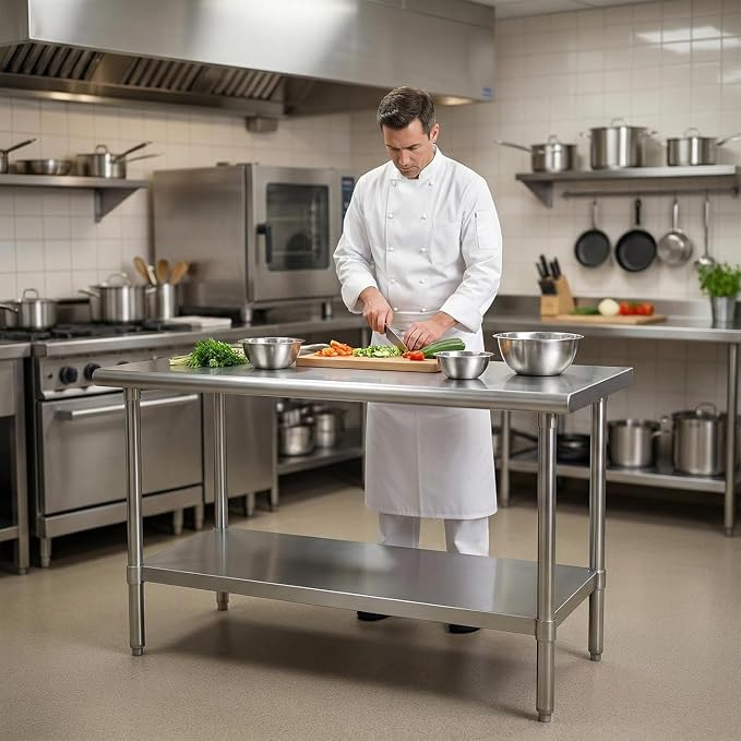 Stainless Steel Prep Table with Undershelf 48x24 Inches 4ft | Heavy Duty Metal Workbench with Adjustable Lower Shelf for Commercial Kitchen Restaurant Laundry Garage Hotel Workshop Chef