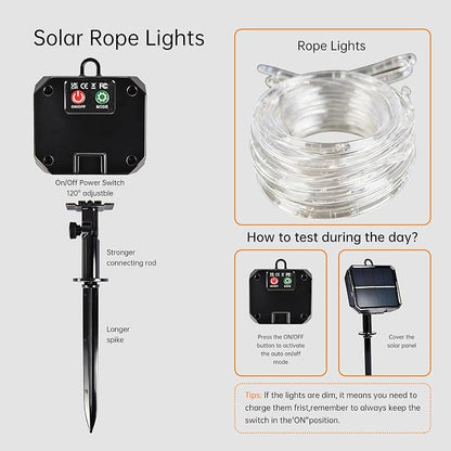 Solar Roep Lights for Outside, 2 Packs Total 66ft 200 LED Solar String Light with 8 Modes, Waterproof Solar Outdoor Light for Patio Garden Party Tree Proch Pool Holiday Xmas Decor-Warm White