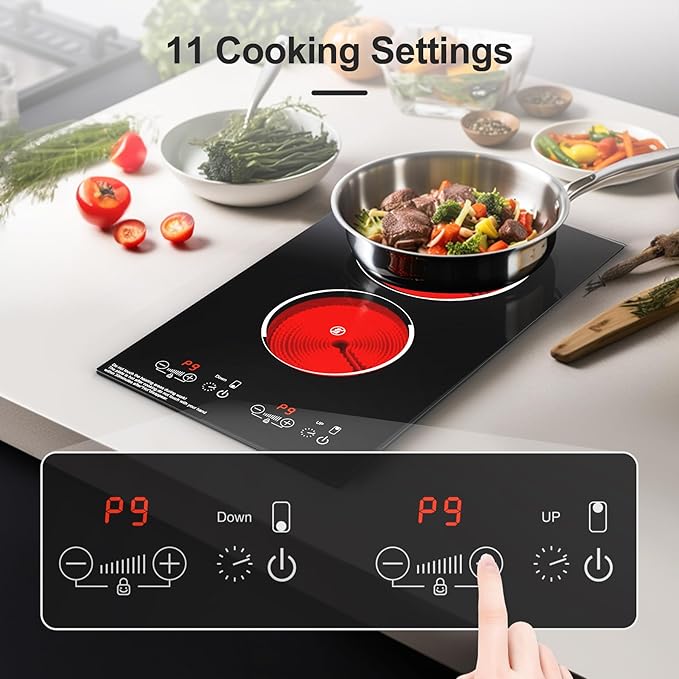 Electric Cooktop, Built-in and Countertop 2 burner Electric Burner for Cooking, 2400W 110V stove top,11 Power Settings, Timer and Child Safety Lock, LED touch control,Overheat Protection.