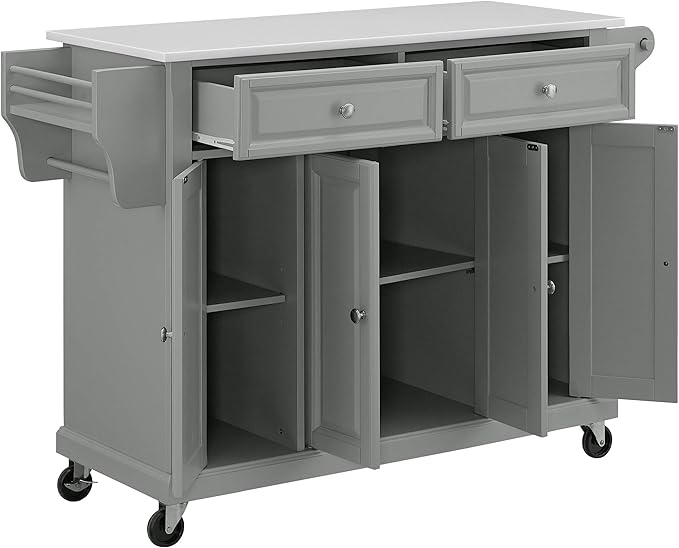 Crosley Furniture Full Size Stone Top Rolling Kitchen Island Storage Cart, Microwave Stand, Spice Rack, Gray