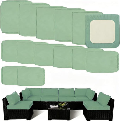 Outdoor Cushion Covers Replacement 14 Pcs, Bean Green | Patio Cushion Covers Fit for 7Pieces 6-Seater Wicker Rattan Sectional Couch Sofa, Outdoor Cushion Slipcovers Set
