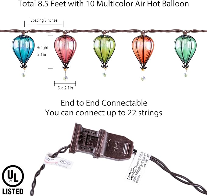 Outdoor String Lights Plug in with 10 Incandescent Bulbs, Multicolor Patio Lights Connectable Weatherproof Decorative Lantern String Lights for Gazebo Porch Bedroom Cottagecore Decor (Hot Air Balloon)