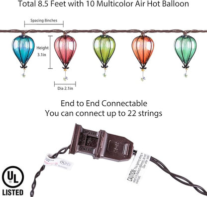 Outdoor String Lights Plug in with 10 Incandescent Bulbs, Multicolor Patio Lights Connectable Weatherproof Decorative Lantern String Lights for Gazebo Porch Bedroom Cottagecore Decor (Hot Air Balloon)