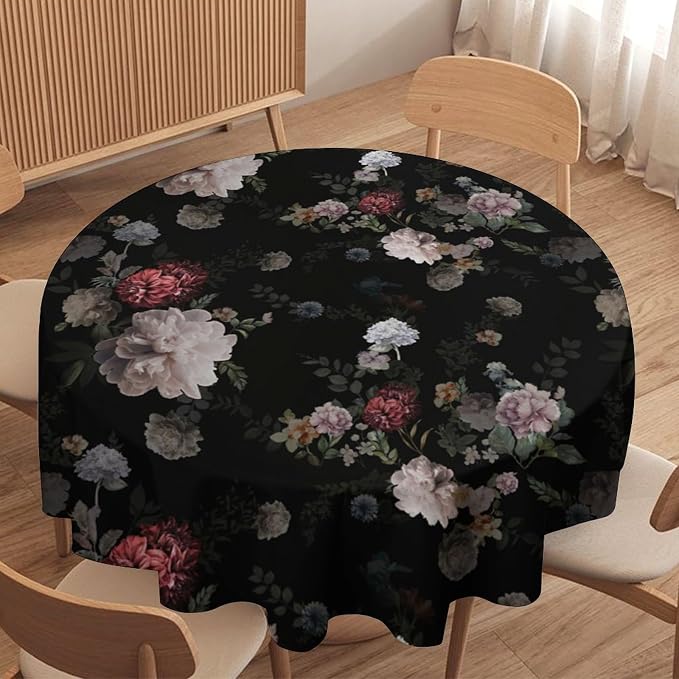 Vintage Florals Round Tablecloth, Black Pink Garden Gothic Flowers Rustic Roses Boho Botanical Plant Water Resistant Wipeable Table Cover for Picnic Party Holiday Kitchen Dinner Table 50"