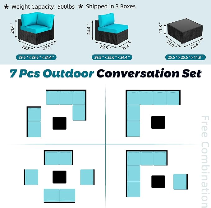 SUNLEI 7pcs Patio Conversation Sets Outdoor Furniture Sets, High Back All-Weather Rattan Sectional Sofa with Tea Table&Washable Couch Cushions(Black Rattan)（Blue）